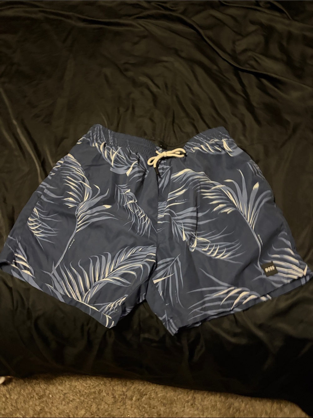 BOSS Navy Blue Palm-Leaf Swim Shorts